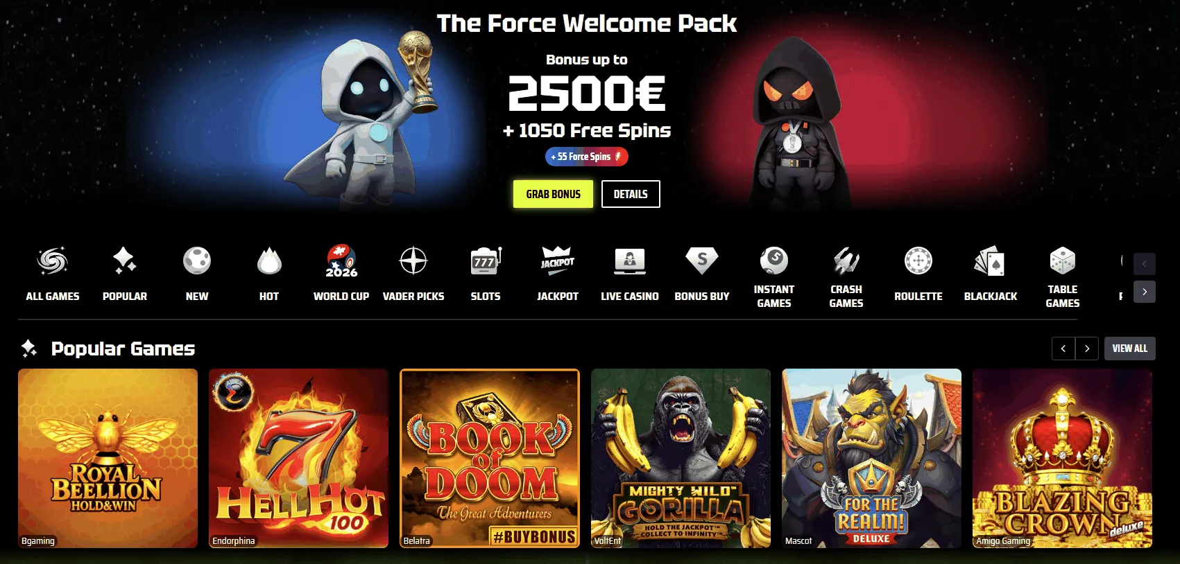 SlotsVader casino offers SlotsVader EU online casino homepage
