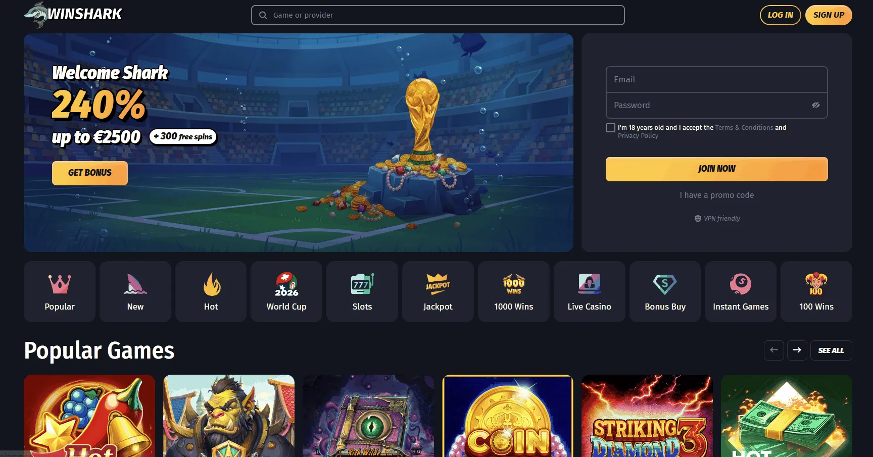 Winshark casino offers Winshark EU online casino homepage